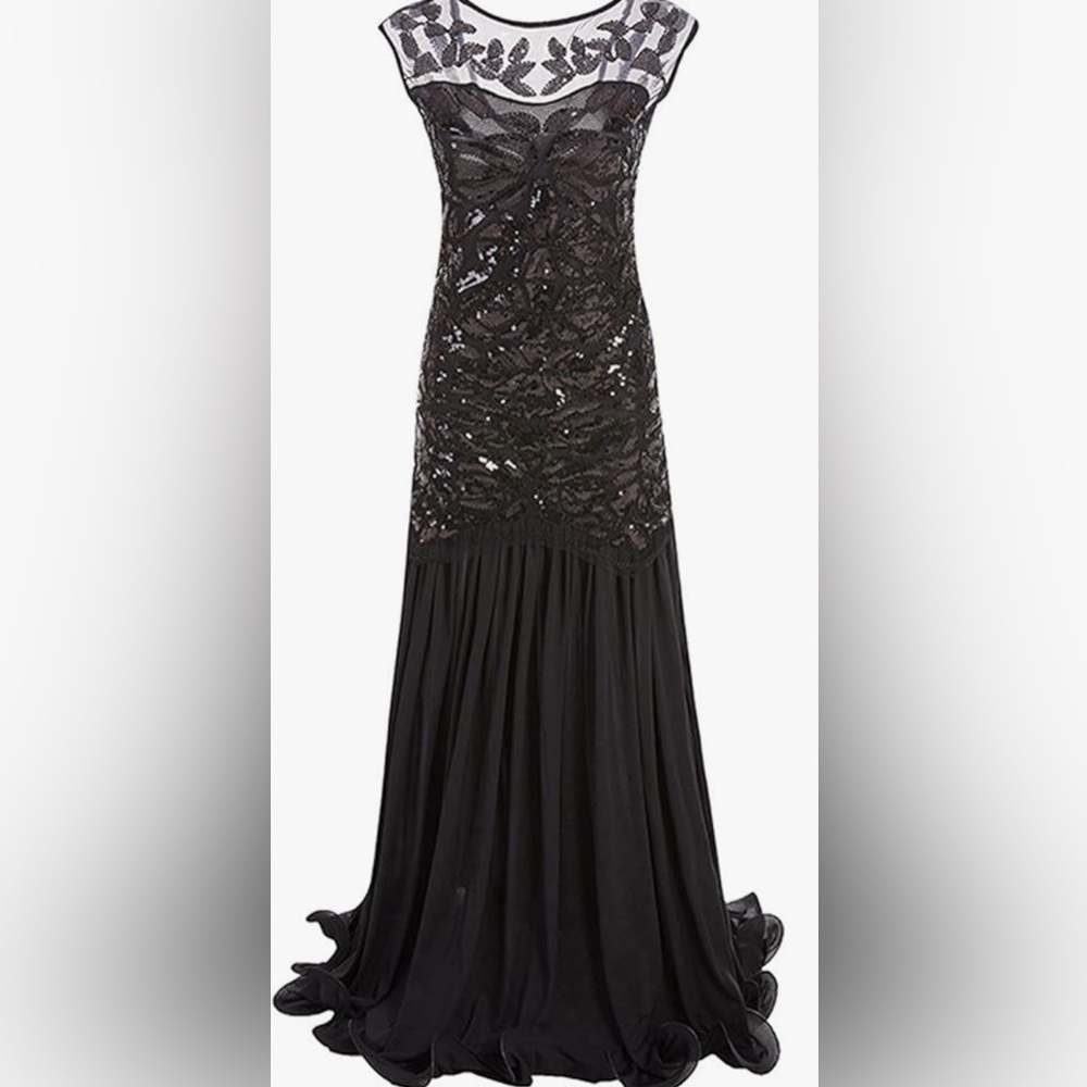 Maxi black period style sequined sleeveless gown with flowy material.